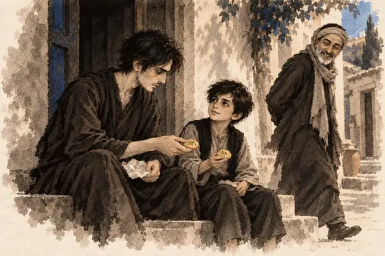 Scene 46 of The Blind Owl, Cookies and a bitter kiss on the platform: ink-and-wash drawing