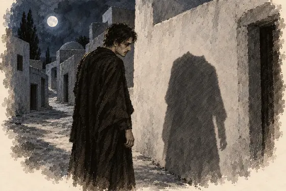 Scene 47 of The Blind Owl, The headless shadow: ink-and-wash drawing