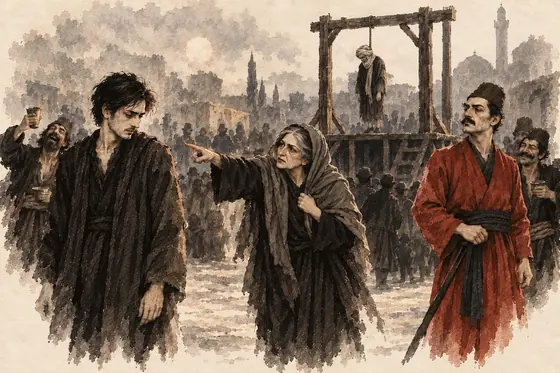 Scene 48 of The Blind Owl, The gallows at Mohammadiyeh: ink-and-wash drawing