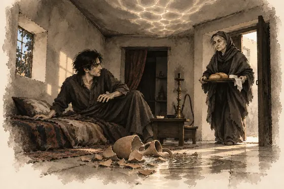 Scene 49 of The Blind Owl, The water jar breaks; morning: ink-and-wash drawing