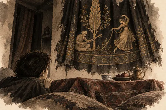 Scene 50 of The Blind Owl, The embroidered curtain above the korsi: ink-and-wash drawing