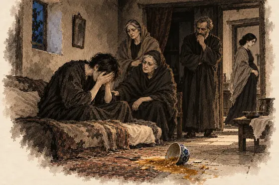 Scene 51 of The Blind Owl, The overturned soup; opium prescribed: ink-and-wash drawing