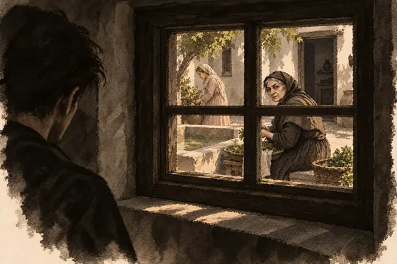 Scene 52 of The Blind Owl, The nurse in the courtyard; prayers against death: ink-and-wash drawing