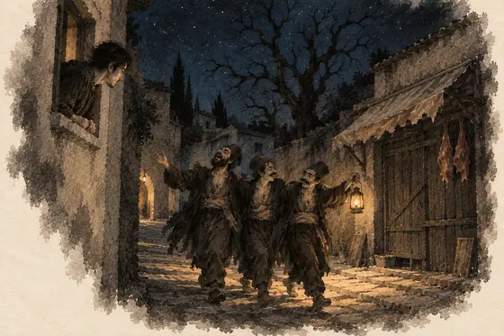 Scene 53 of The Blind Owl, Night window: call to prayer and drunken watchmen: ink-and-wash drawing