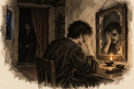 Scene 54 of The Blind Owl, The figure behind the curtain; the mirror: ink-and-wash drawing