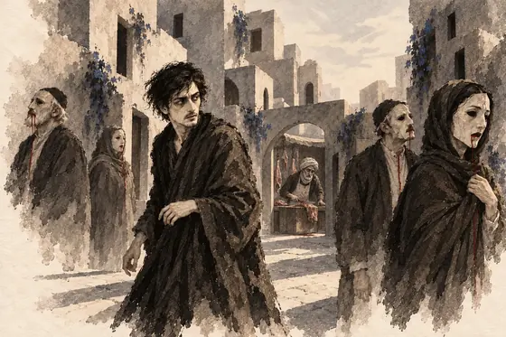 Scene 55 of The Blind Owl, Dream city of the stiffened dead: ink-and-wash drawing
