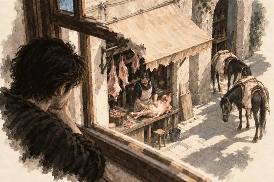 Scene 56 of The Blind Owl, The butcher seen from upstairs: ink-and-wash drawing