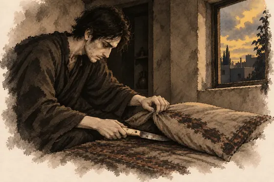 Scene 57 of The Blind Owl, The knife under the pillow: ink-and-wash drawing