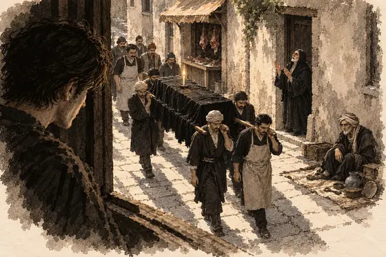 Scene 58 of The Blind Owl, A coffin passes the window: ink-and-wash drawing