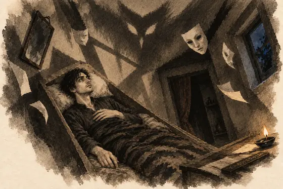 Scene 59 of The Blind Owl, The room a coffin: death, fears and masks: ink-and-wash drawing