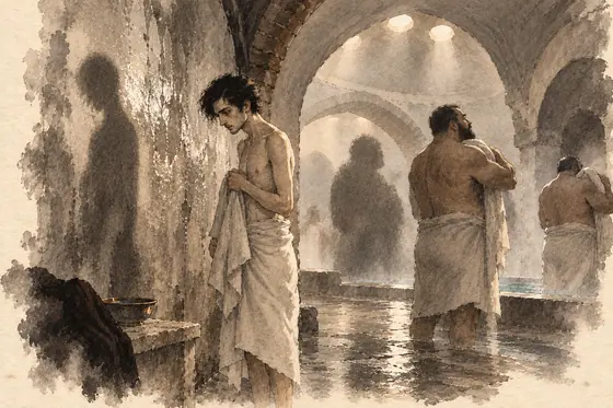 Scene 60 of The Blind Owl, Shadow on the bathhouse wall: ink-and-wash drawing