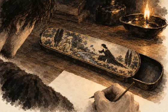 Scene 61 of The Blind Owl, The picture on the pen case before him: ink-and-wash drawing