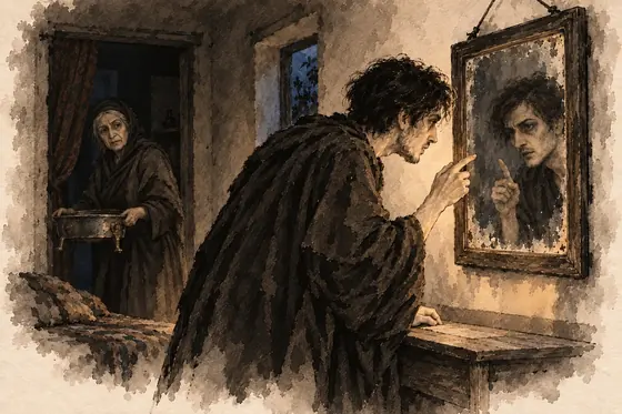 Scene 62 of The Blind Owl, Talking to the mirror under opium: ink-and-wash drawing
