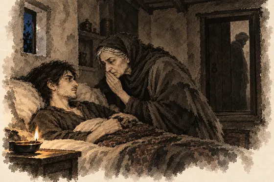 Scene 63 of The Blind Owl, Nurse's tale: 'Undo your neck-scarf': ink-and-wash drawing