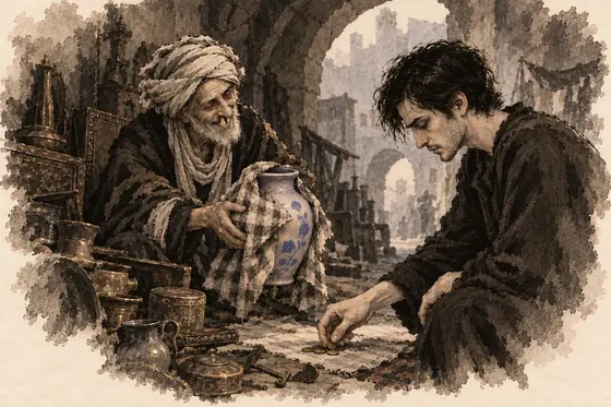 Scene 64 of The Blind Owl, Buying the jar from the junk dealer: ink-and-wash drawing