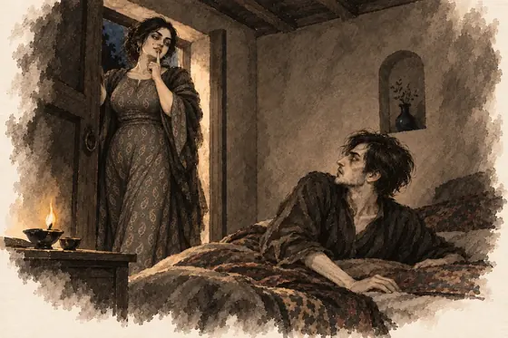Scene 66 of The Blind Owl, The harlot enters in all seven cosmetics: ink-and-wash drawing