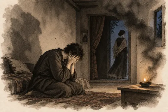 Scene 67 of The Blind Owl, Weeping at her feet; soot like black snow: ink-and-wash drawing