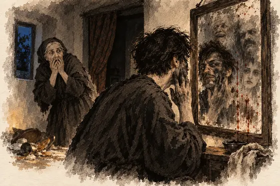 Scene 68 of The Blind Owl, Masks of soot in the mirror: ink-and-wash drawing