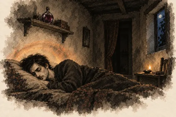 Scene 69 of The Blind Owl, Ring of fire; poisoned wine for two: ink-and-wash drawing
