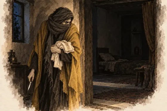 Scene 70 of The Blind Owl, The first night with the knife; the stolen shirt: ink-and-wash drawing
