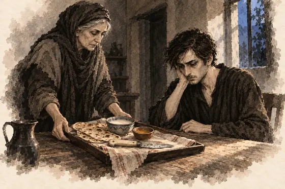 Scene 71 of The Blind Owl, The knife returns from the junk dealer's cloth: ink-and-wash drawing