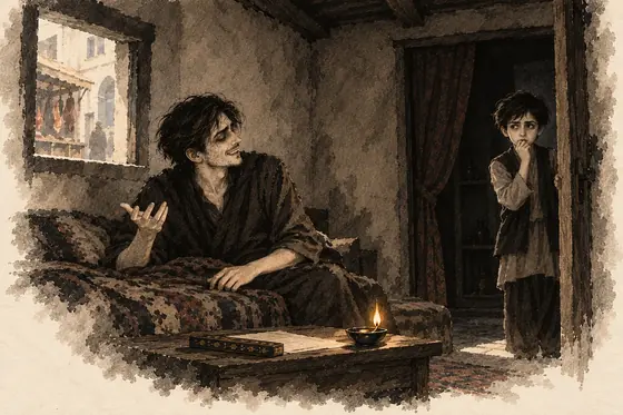 Scene 72 of The Blind Owl, 'How does a person die?': ink-and-wash drawing