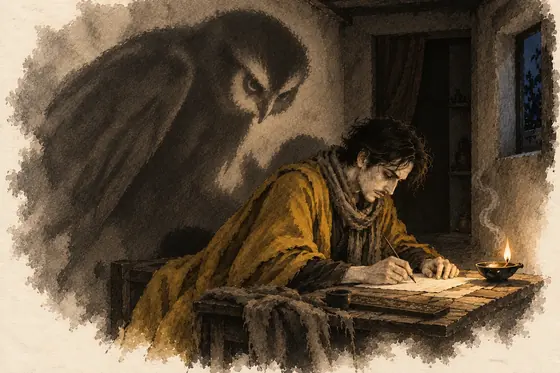 Scene 74 of The Blind Owl, The owl on the wall: ink-and-wash drawing