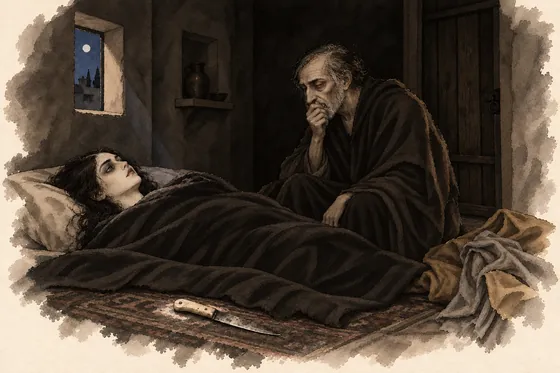 Scene 75 of The Blind Owl, 'Undo your neck-scarf': the last embrace: ink-and-wash drawing