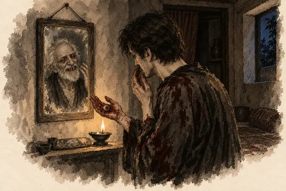 Scene 76 of The Blind Owl, Her eye in his fist; the old man in the mirror: ink-and-wash drawing