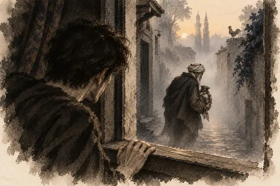 Scene 77 of The Blind Owl, The old man vanishes into the mist with the jar: ink-and-wash drawing